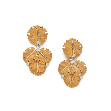 View full screen - View 1 of Lot 182. Pair of Gold and Diamond Pendant-Earclips.