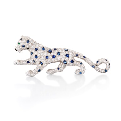 View full screen - View 1 of Lot 2972. 'Panthère' Diamond, Sapphire and Emerald Brooch | 卡地亞 | 'Panthère' 鑽石 配 藍寶石 及 祖母綠 胸針.