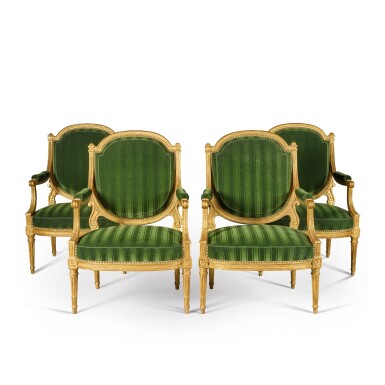 View full screen - View 1 of Lot 10. A set of four Louis XVI giltwood fauteuils by Georges and Henri Jacob, late 18th century.