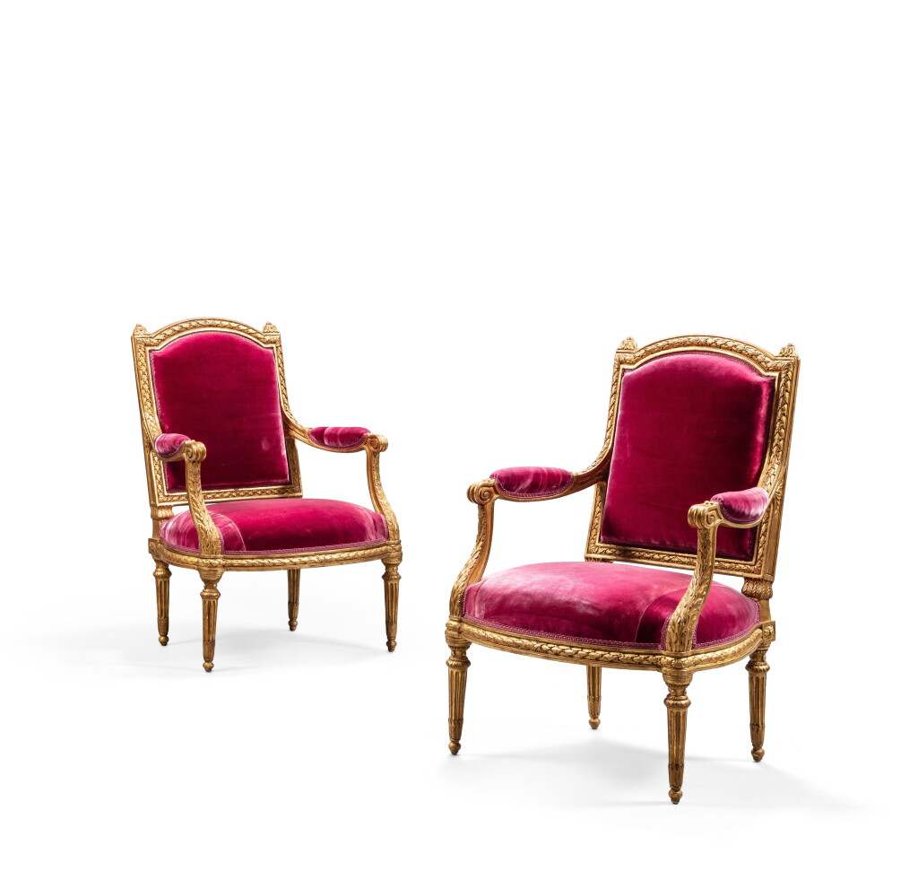 View full screen - View 1 of Lot 5. A pair of Louis XVI giltwood armchairs, circa 1775, attributed to Jean Boucault.