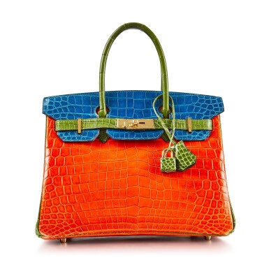 View full screen - View 1 of Lot 8386. Vert Chartreuse, Orange and Bleu Mikonos Niloticus HSS Birkin 30, Gold Hardware, 2010 | 愛馬仕嫩黃綠色拼橘色及米科諾斯藍色尼羅河鱷魚皮30公分柏金包,具愛馬仕定製馬蹄印,配鍍金金屬件,2010年.