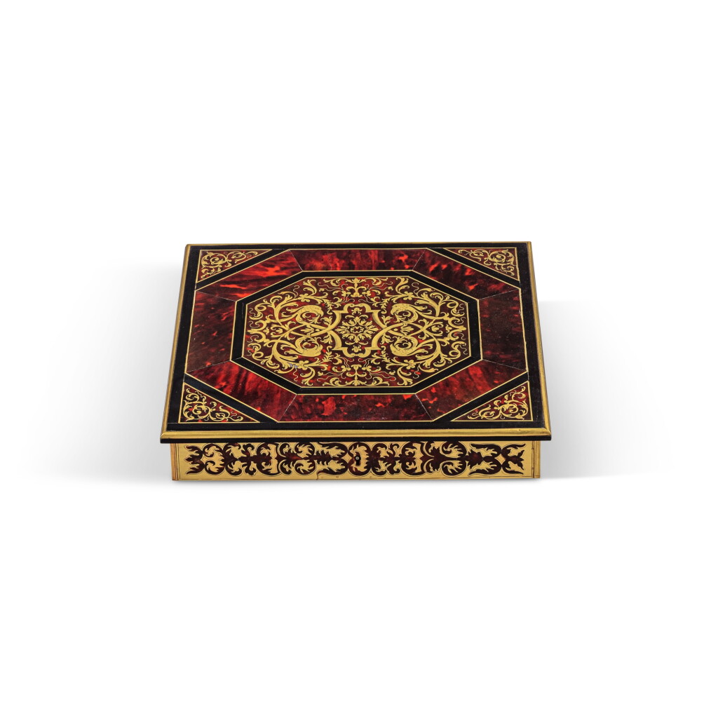 View full screen - View 1 of Lot 816. A Flemish or South German tortoiseshell and gilt-brass marquetry and ebonised pearwood writing slope, circa 1730 .