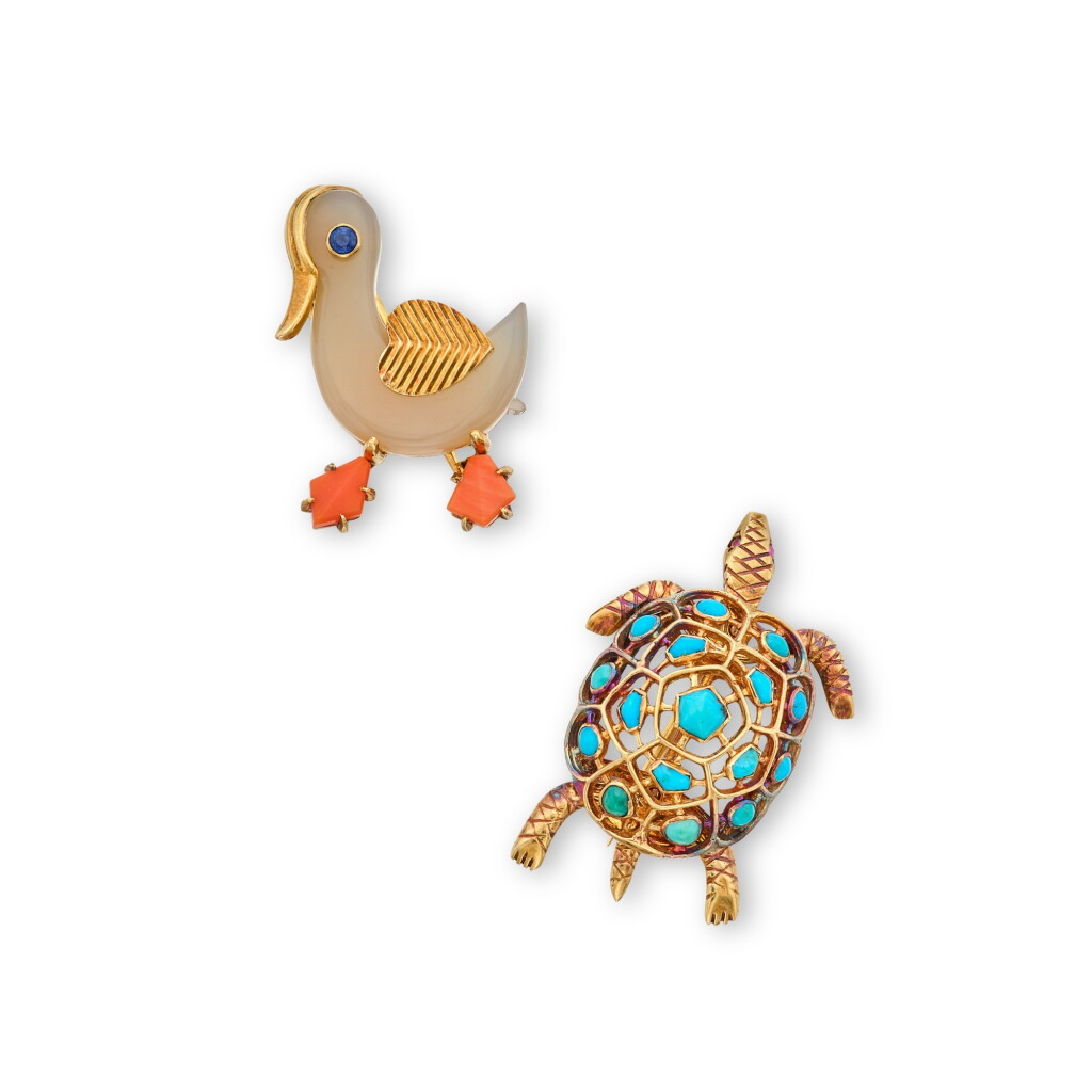 View full screen - View 1 of Lot 241. Gold, Chalcedony, Coral and Sapphire Clip-Brooch, Cartier, and Gold, Turquoise and Ruby Brooch, Boucheron.