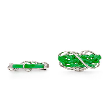 View full screen - View 1 of Lot 1706. Two Jadeite and Diamond Brooches | 天然翡翠 配 鑽石 胸針兩枚.