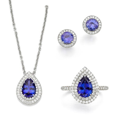 View full screen - View 1 of Lot 157. Tanzanite and diamond demi-parure || Tanzanite and diamond pendant.