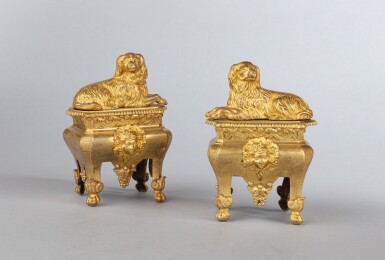 View full screen - View 1 of Lot 57. A pair of gilt bronze chenets, French Regence, circa 1720 | Paire de chenets en bronze doré d'époque Régence, vers 1720 .