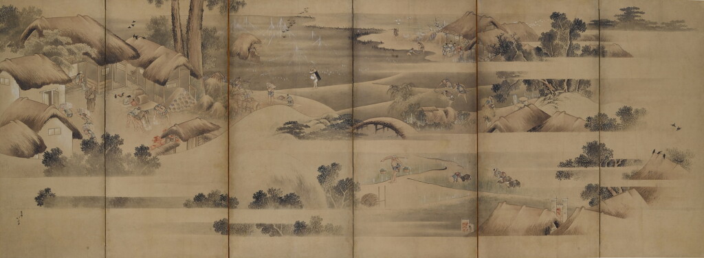 View full screen - View 1 of Lot 2043. Katsushika Hokusai (1760–1849), Rice Cultivation in the Four Seasons (Shiki kosaku zu), Edo period, early 19th century | 葛飾北斎 「四季耕作図屏風」 江戸時代後期 19世紀初頭.