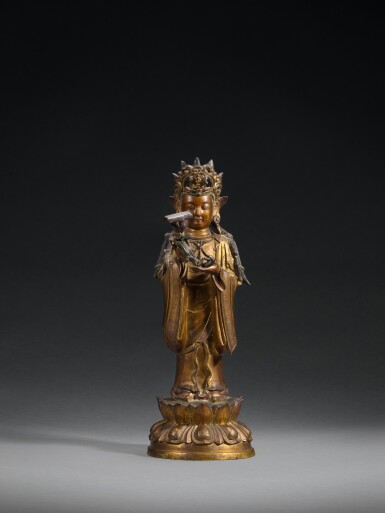 View full screen - View 1 of Lot 73. A gilt-bronze figure of a Bodhisattva, Late Ming dynasty | 晚明 鎏金銅菩薩立像.