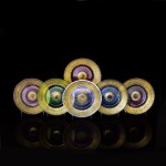 A HARLEQUIN SET OF SIX GILT AND ENAMELLED COLOURED-GLASS PLATES, BROCARD, CIRCA 1885