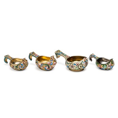 View full screen - View 1 of Lot 1332. A group of four silver-gilt and cloisonné enamel kovshi, Semenova, Saltykov and Rückert, Moscow, late 19th and early 20th century.