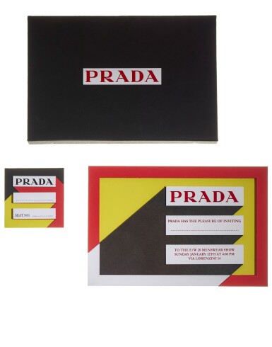 View full screen - View 1 of Lot 46. PRADA | MAN FALL WINTER 2020 FASHION SHOW INVITE AND SEAT CARD DESIGNED BY AMO, SOUNDTRACK INSPIRATION VINYL BY FRÉDÉRIC SANCHEZ AND SET OF FITTING PHOTOGRAPHS.