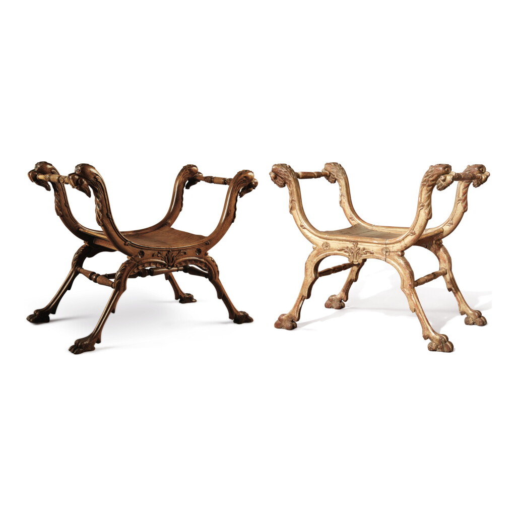 View full screen - View 1 of Lot 677. A CARVED AND GILTWOOD X-FRAME STOOL WITH DOG'S HEAD TERMINALS, LATE 19TH CENTURY, TOGETHER WITH A LATER BEECHWOOD COPY.