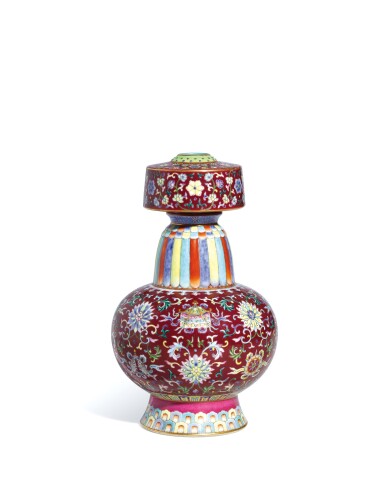 View full screen - View 1 of Lot 3729. A fine and rare ruby-ground famille-rose altar vase, Seal mark and period of Jiaqing | 清嘉慶 粉彩紫地番蓮八吉祥紋賁巴壺 《大清嘉慶年製》款.