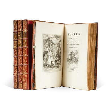 View full screen - View 1 of Lot 12. Fables choisies. Paris, 1755-1759. Le "La Fontaine d'Oudry" sur grand papier. 4 volumes in-folio en maroquin rouge de l’époque..