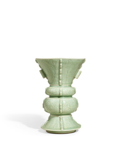 View full screen - View 1 of Lot 2078. An heirloom Longquan celadon 'bird and flower' zun-form vase, Yuan dynasty | 元 龍泉青釉花鳥紋出戟尊.