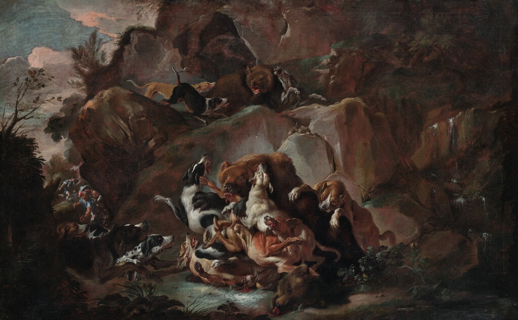 View full screen - View 1 of Lot 341. Wooded landscape with dogs attacking bears.