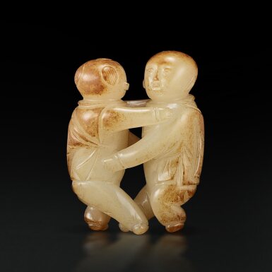 View full screen - View 1 of Lot 3687. A white and russet jade 'boy' group, Ming dynasty | 明 白玉雙童.