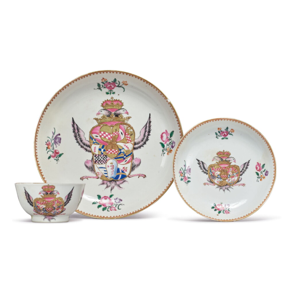 View full screen - View 1 of Lot 1878. A RARE CHINESE EXPORT ARMORIAL SAUCER DISH, TEABOWL AND SAUCER, QING DYNASTY, QIANLONG PERIOD | 清乾隆 粉彩紋章圖瓷三件.