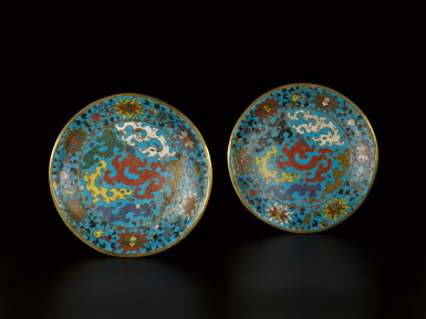View full screen - View 1 of Lot 36. A rare pair of bronze and cloisonné enamel dishes Ming dynasty, 17th century | 明十七世紀 掐絲琺瑯龍紋盤一對.