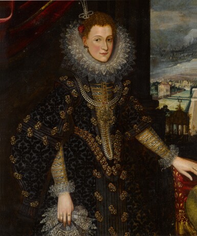 View full screen - View 1 of Lot 223. Portrait of the Archduchess Isabella Clara Eugenia of Austria (1566 - 1633), three-quarter length, holding a lace handkerchief and resting a hand on the back of a chair.