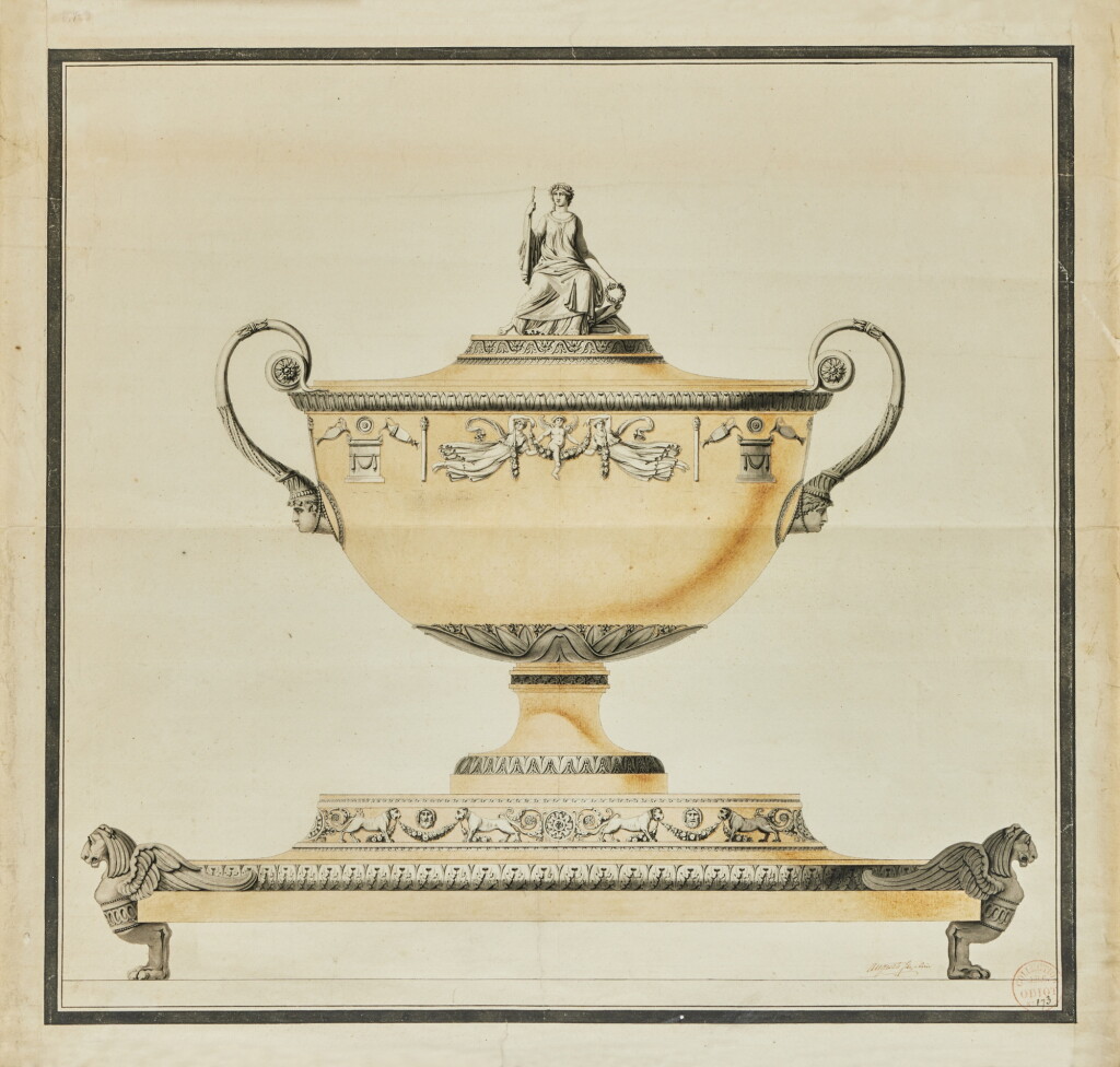 View full screen - View 1 of Lot 2. Jean-Guillaume Moitte (1746 – 1810), Presentation Drawing of a Pot a Oille on Stand, decorated with bacchantes and a putto.