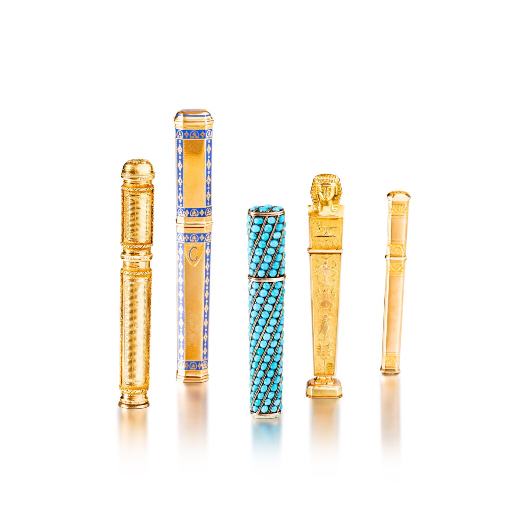 View full screen - View 1 of Lot 1174. Five gold, turquoise or enamel needle cases, Paris and Geneva, early 19th century.