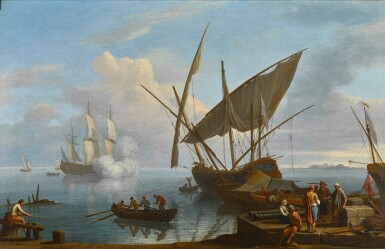 View full screen - View 1 of Lot 113. A coastal scene with fishing boats and figures by a quayside.