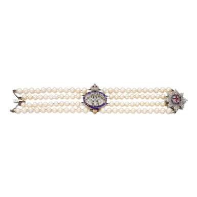 View full screen - View 1 of Lot 362. Cultured pearl, diamond and enamel bracelet, 1940s.