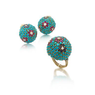 View full screen - View 1 of Lot 58. Turquoise, ruby, sapphire and diamond Demi-Parure | Demi-Parure in turchesi, rubini, zaffiri e diamanti.