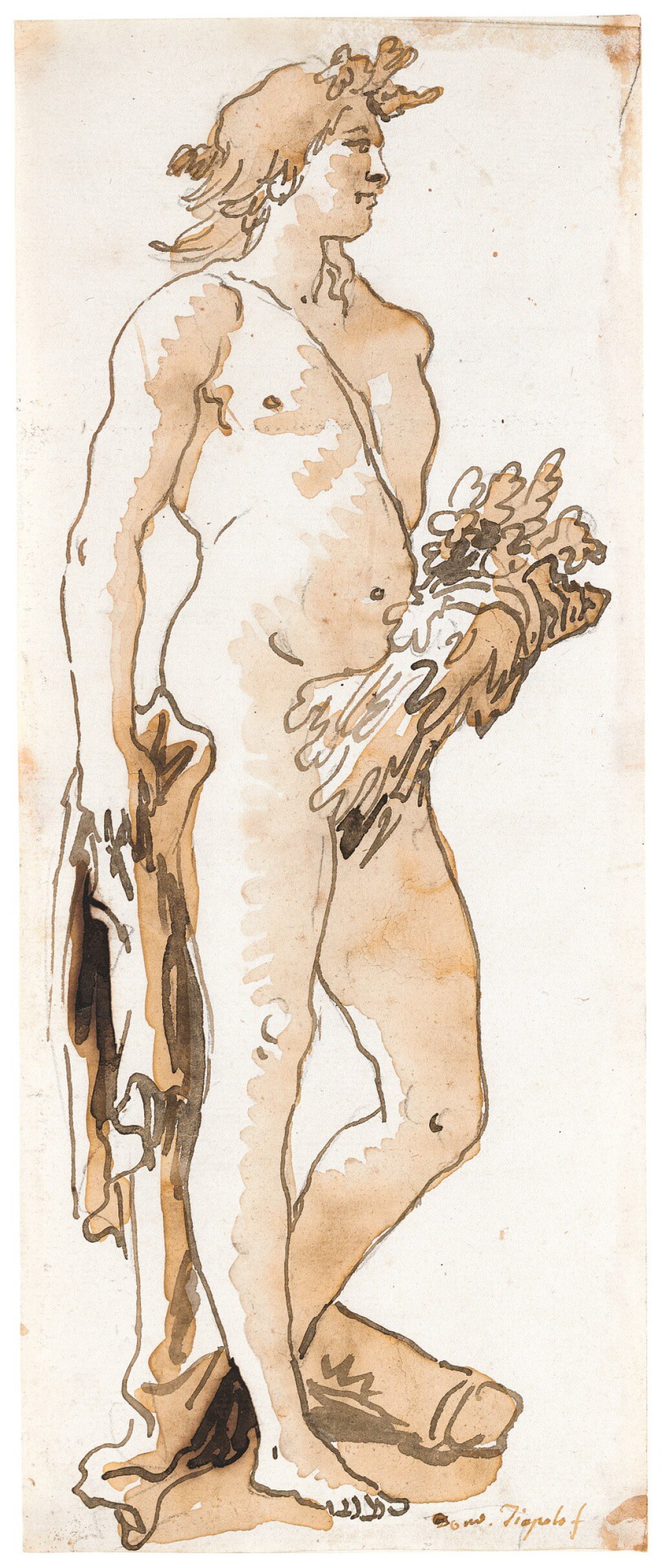 View full screen - View 1 of Lot 55. GIOVANNI DOMENICO TIEPOLO | ZEPHYR, STANDING IN PROFILE TO THE RIGHT, HOLDING A CORNUCOPIA .