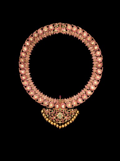 View full screen - View 1 of Lot 170. A diamond, ruby and emerald-set gold Manga Malai necklace, India, Tamil Nadu, 19th century.
