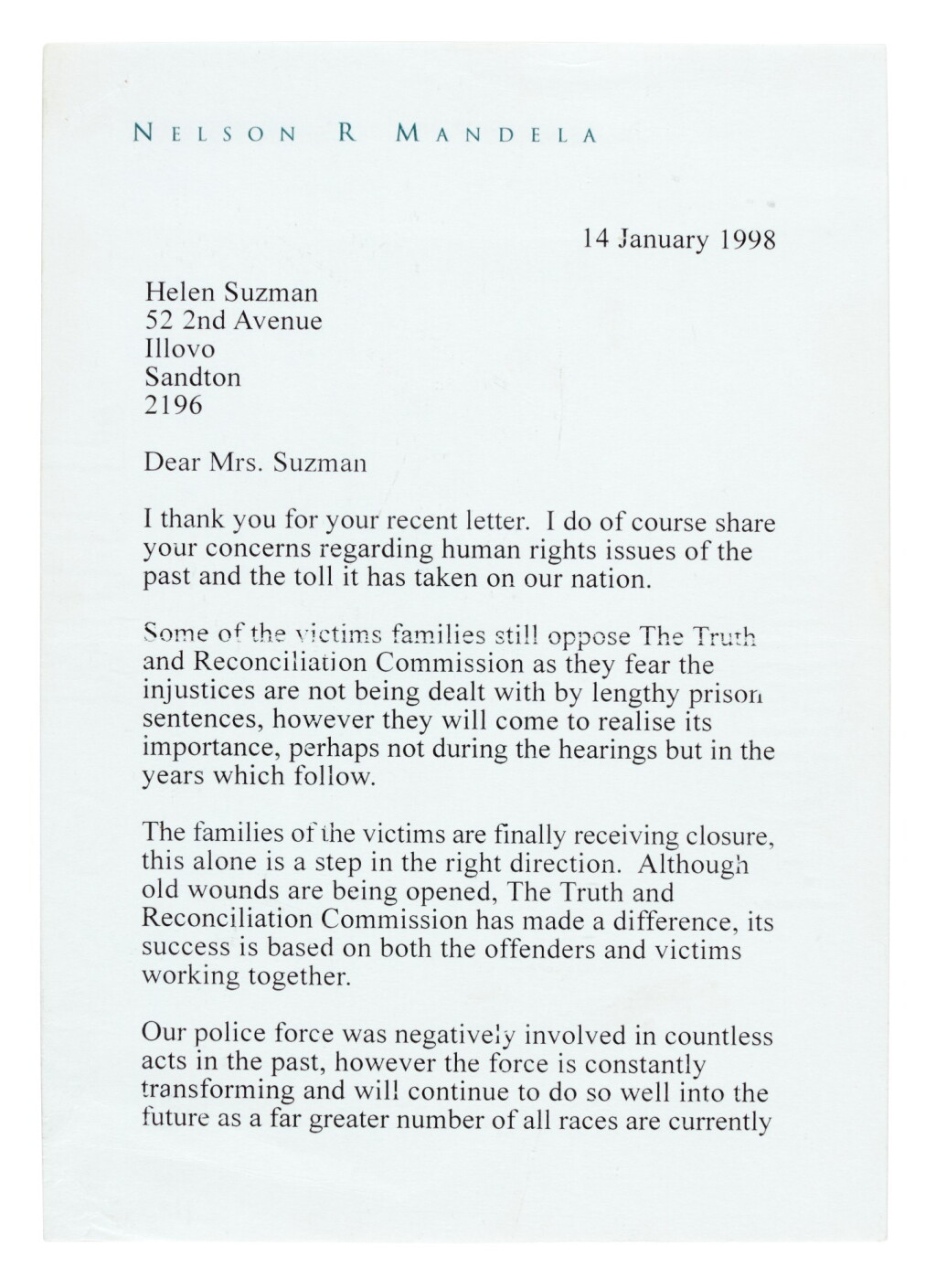 View full screen - View 1 of Lot 84. Nelson Mandela | typed letter signed, to Helen Suzman, 1998.