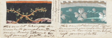 View full screen - View 1 of Lot 193. A pair of wallpaper fragments, reputedly to be from the Temple where King Louis XVI and the Dauphin were imprisoned in 1793, late 18th century | Deux fragments de papier peint, réputé pour avoir été dans le Temple où Louis XVI et le Dauphin étaient emprisonnés en 1793, fin XVIIIe siècle.