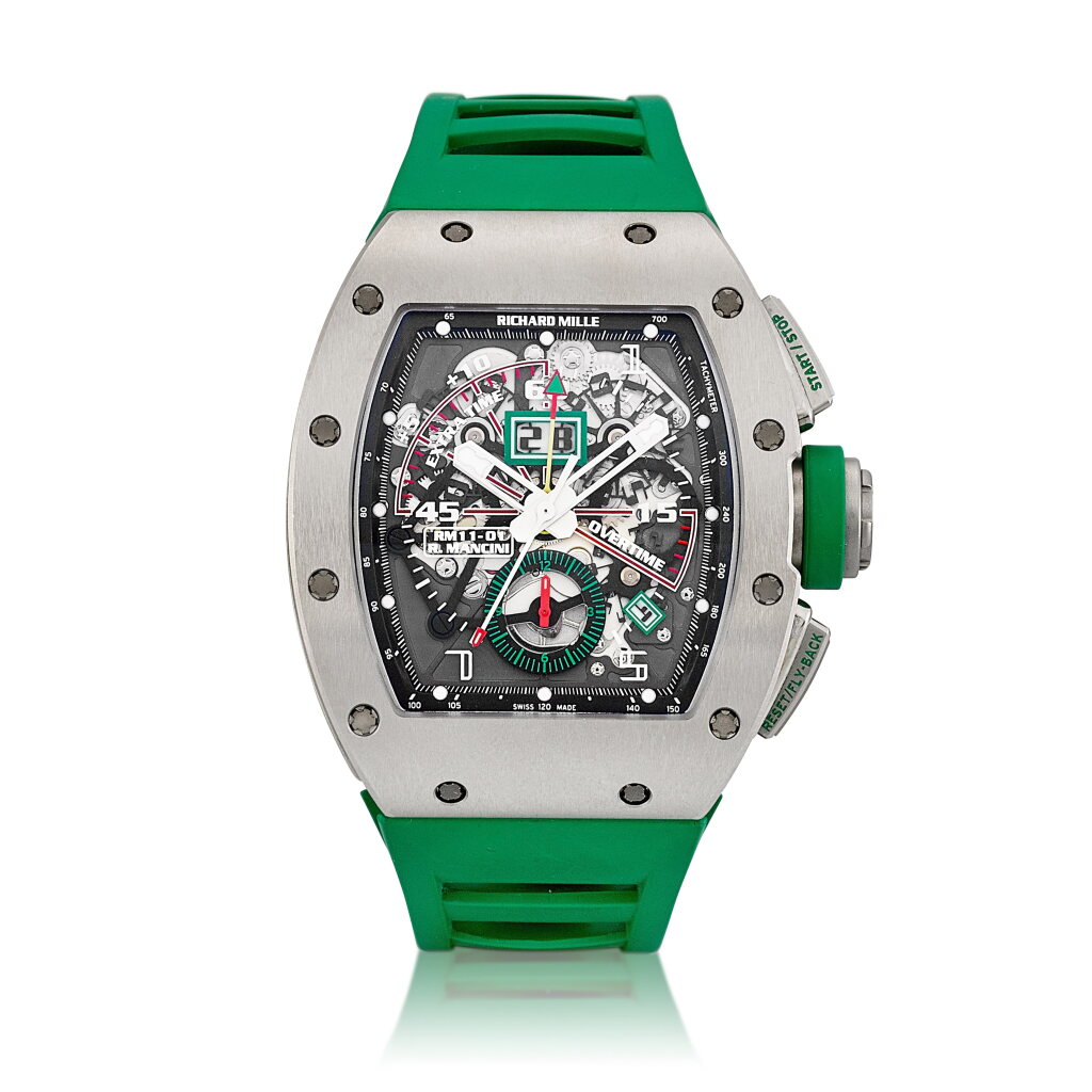 View full screen - View 1 of Lot 2309. Reference RM11-01 "Roberto Mancini" | A titanium semi-skeletonised annual calendar flyback chronograph wristwatch with date, Circa 2014 | Richard Mille | 型號RM11-01 "Roberto Mancini" | 鈦金屬半鏤空年曆飛返計時腕錶,備日期顯示,約2014年製.