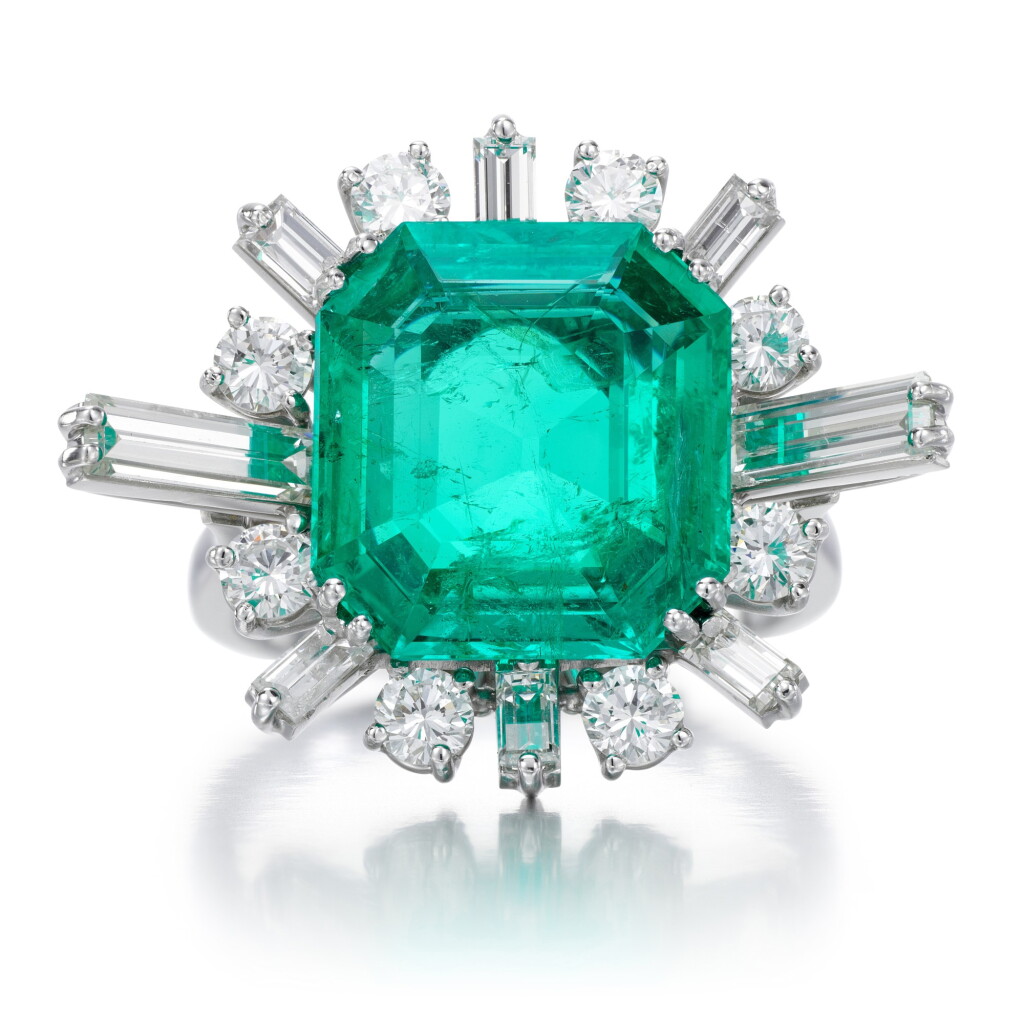 View full screen - View 1 of Lot 125. Emerald and diamond ring.