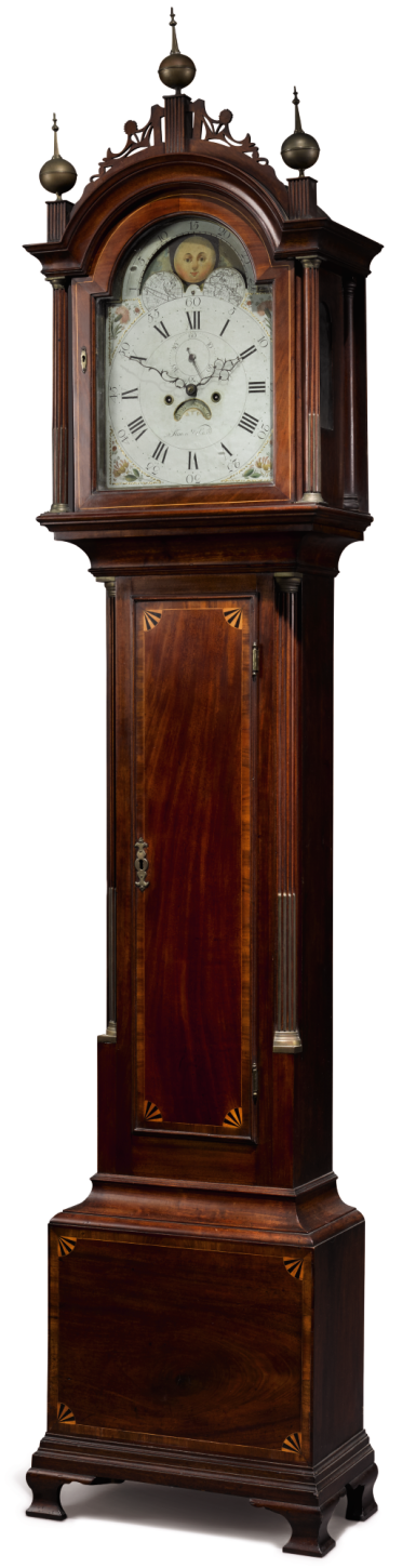 View full screen - View 1 of Lot 1036. VERY FINE AND RARE FEDERAL INLAID AND FIGURED MAHOGANY TALL CASE CLOCK, WORKS BY SIMON WILLARD, ROXBURY, MASSACHUSETTS, CIRCA 1795.