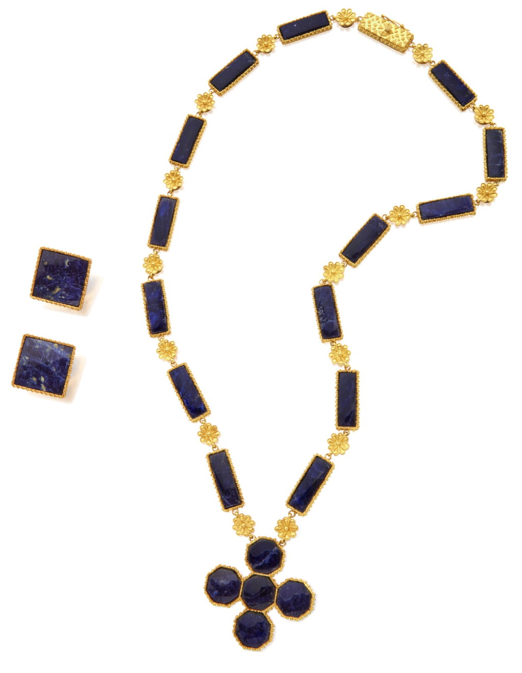 View full screen - View 1 of Lot 428. GOLD AND SODALITE SAUTOIR AND PAIR OF EARCLIPS, ILIAS LALAOUNIS.