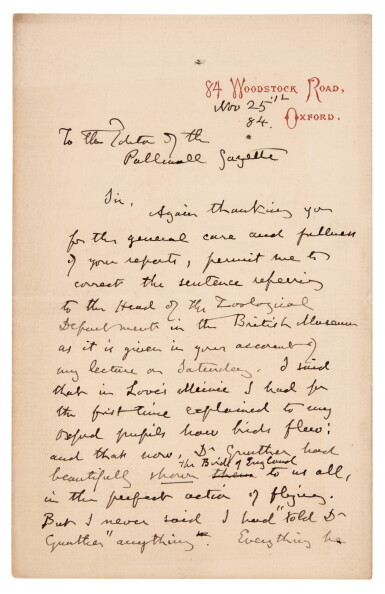 View full screen - View 1 of Lot 146. John Ruskin | 3 autograph letters signed, to W.T. Stead, on birds, General Gordon, and theft, 1884-86.