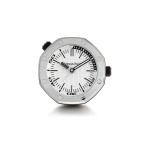 AUDEMARS PIGUET | ROYAL OAK, A BRAND NEW STAINLESS STEEL ALARM DESK CLOCK WITH WOODEN STAND, CIRCA 2016