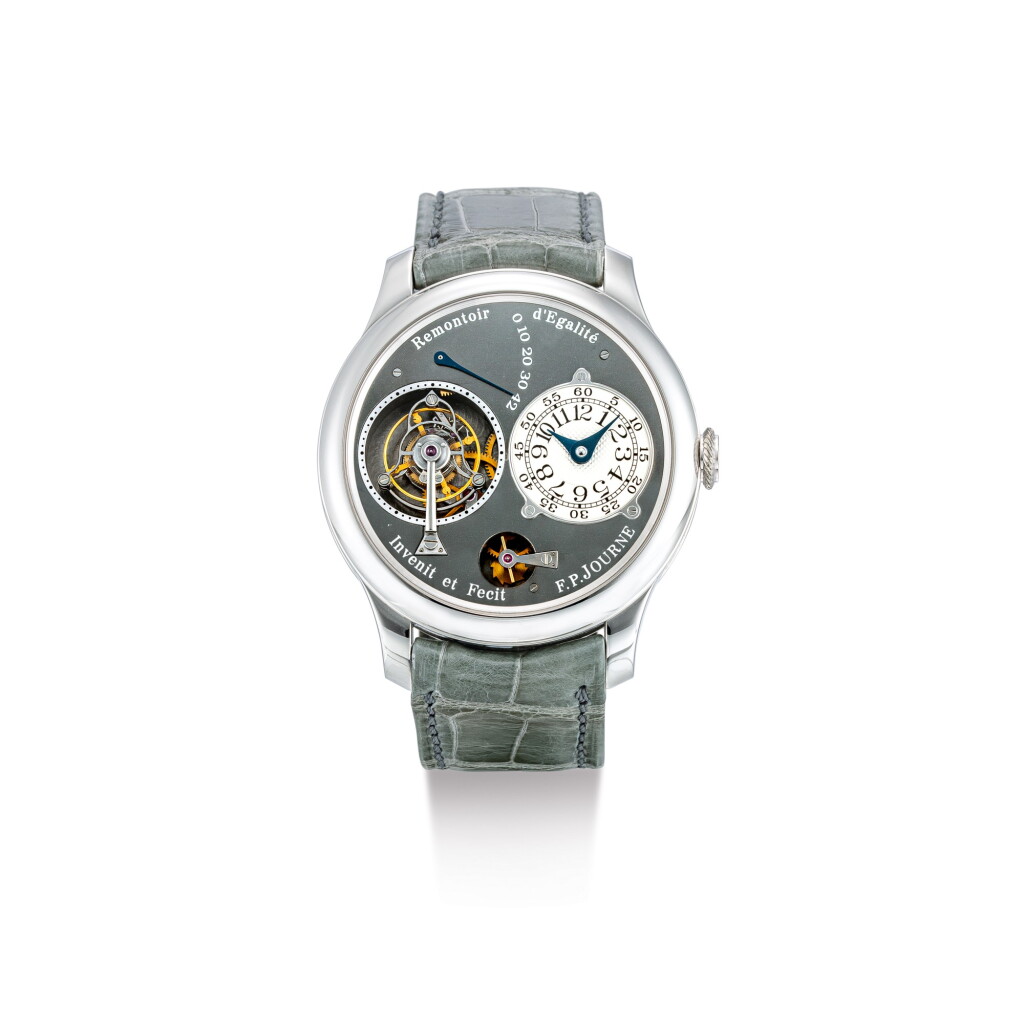 View full screen - View 1 of Lot 2162. F.P. JOURNE | TOURBILLON REMONTOIR D'EGALITE, LIMITED EDITION 28/99, A LIMITED EDITION PLATINUM TOURBILLON WRISTWATCH WITH RUTHENIUM DIAL AND MOVEMENT, CONSTANT FORCE REMONTOIRE AND POWER RESERVE INDICATION, CIRCA 2003 | "Tourbillon Remontoir D'egalite 限量版28/99 限量版鉑金陀飛輪腕錶,備釕金屬錶盤及機芯、恆動力裝置及動力儲備顯示,錶殼編號28/99-01T,約2003年製".