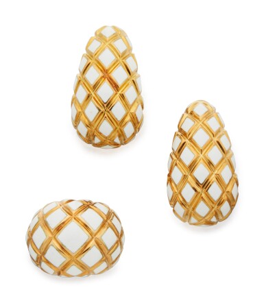 View full screen - View 1 of Lot 59. PAIR OF GOLD AND ENAMEL EARCLIPS AND RING, DAVID WEBB.