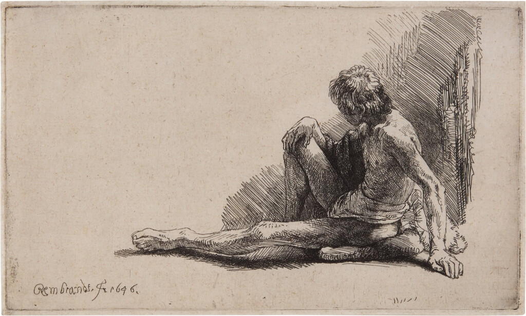 View full screen - View 1 of Lot 73. Nude Man Seated on the Ground with one Leg Extended (B., Holl. 196; New Holl. 234; H. 221).