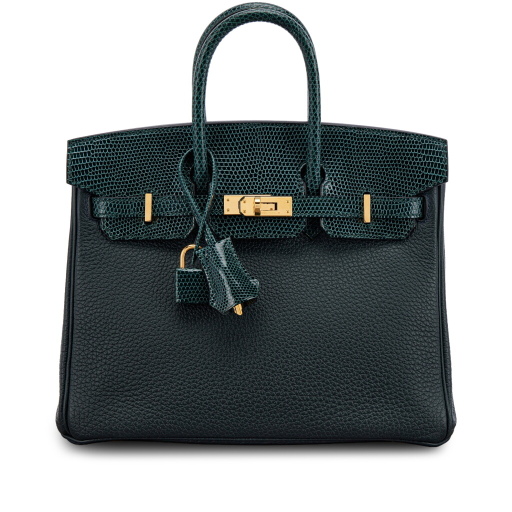 View full screen - View 1 of Lot 546. Limited Edition Vert Cypres Shiny Niloticus Lizard and Vert Rousseau Togo Touch Birkin 25 Gold Hardware, 2023.
