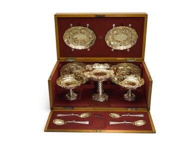 View full screen - View 1 of Lot 299. AN ELEVEN-PIECE VICTORIAN PARCEL-GILT SILVER DESSERT SERVICE, MARTIN, HALL & CO., SHEFFIELD, 1884.
