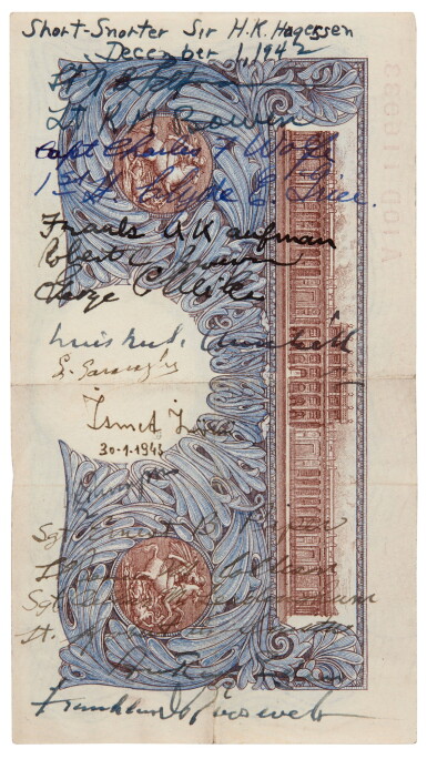 View full screen - View 1 of Lot 39. Winston Churchill and Franklin D. Roosevelt | Banknote ("Short Snorter") signed by both, 1942-43.