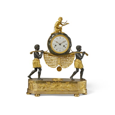View full screen - View 1 of Lot 1205. A Directoire Gilt and Patinated Bronze Figural Mantel Clock, the dial signed Gaston Jolly à Paris, Circa 1800.