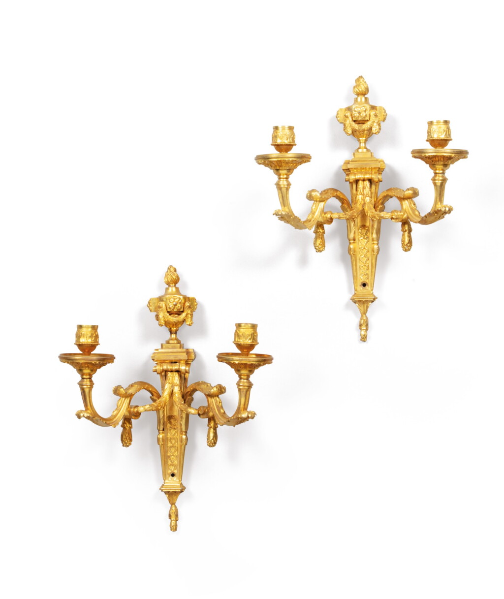 View full screen - View 1 of Lot 22. A pair of Louis XVI gilt-bronze wall appliques, circa 1770 .