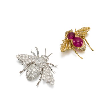 View full screen - View 1 of Lot 354. Ruby and diamond brooch and a diamond brooch.