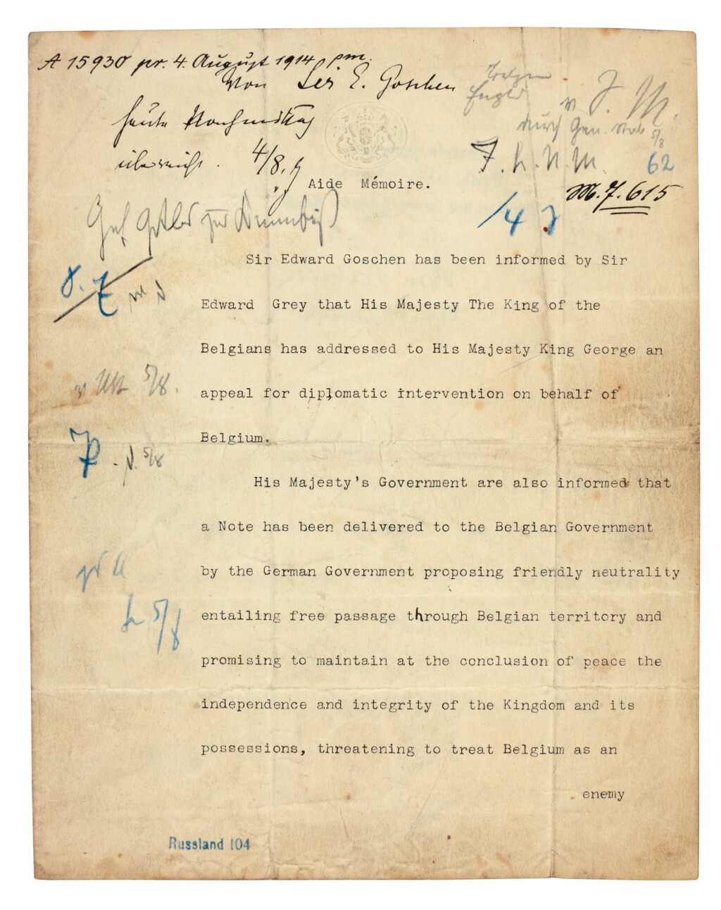 View full screen - View 1 of Lot 134. WORLD WAR I--GOSCHEN | typescript document to Von Jagow, the German Foreign Minister, 4 August 1914.