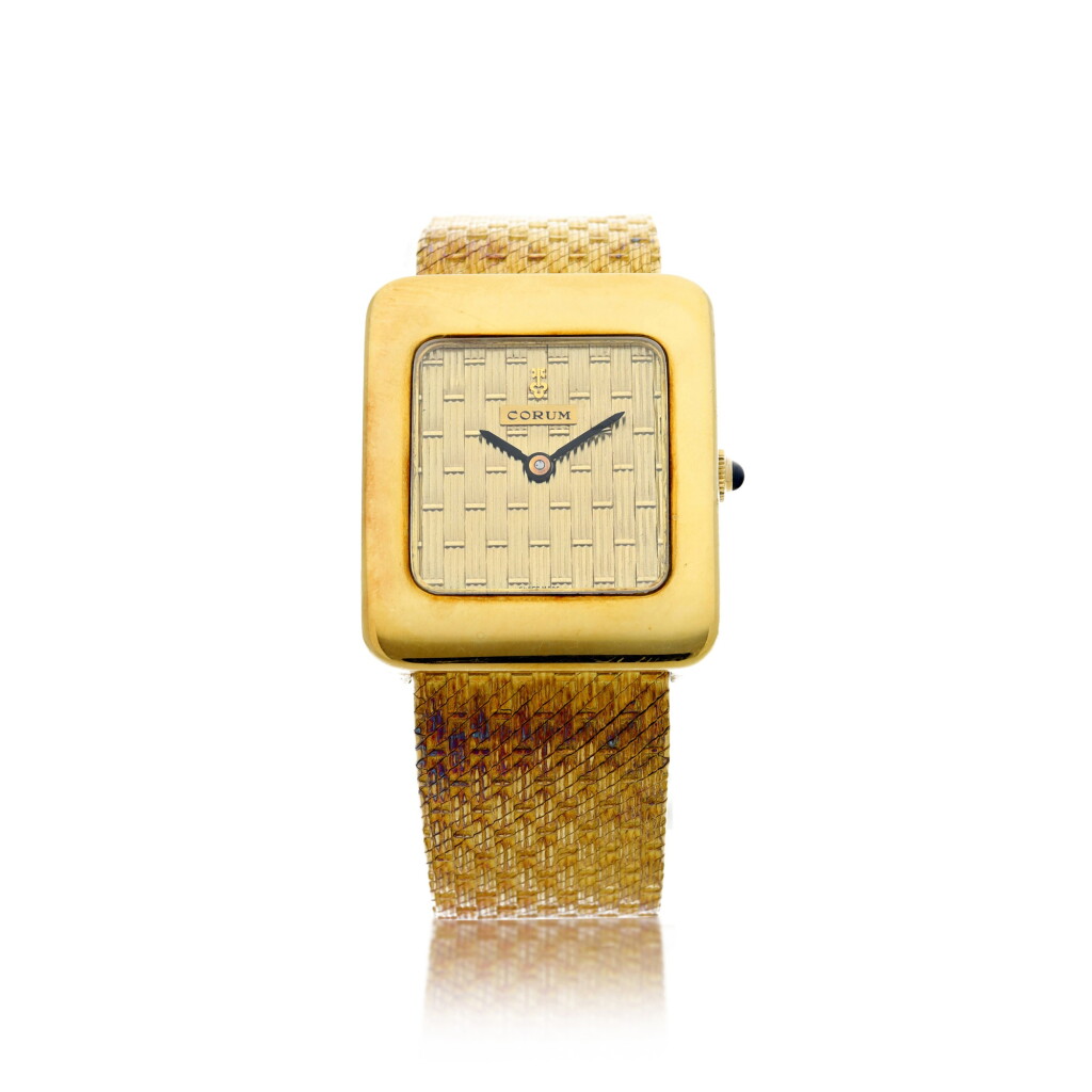 View full screen - View 1 of Lot 87. A YELLOW GOLD RECTANGULAR BRACELET WATCH, CIRCA 1990.